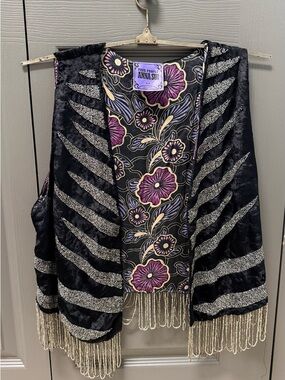 Free People Anna Sui Black Velvet Vest with Purple Floral Lining